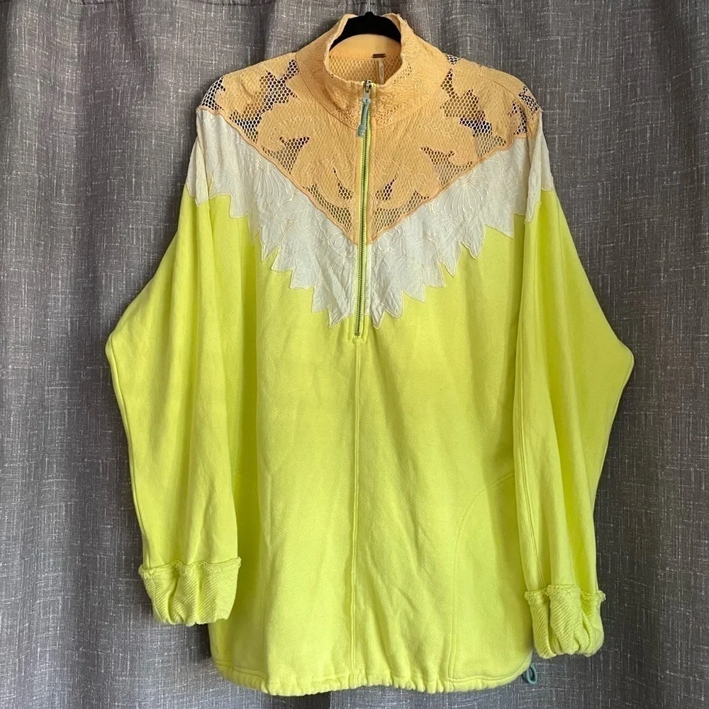 FREE PEOPLE ‘Isla’ Crochet Quarter Zip Pullover Yellow Green Size S - Picture 10 of 14